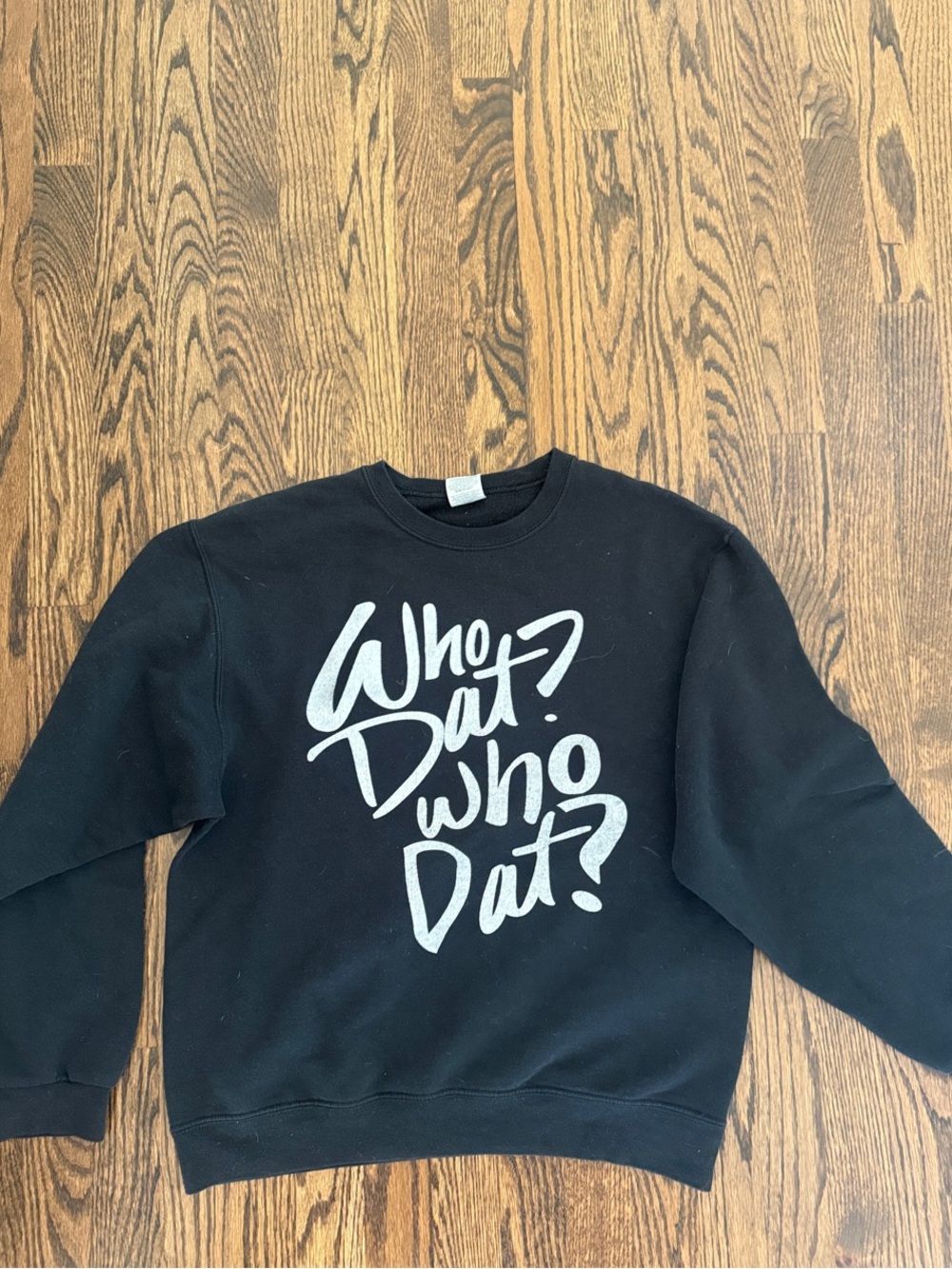 Black Graphic  “Who Dat?” Crewneck Sweatshirt with White Script